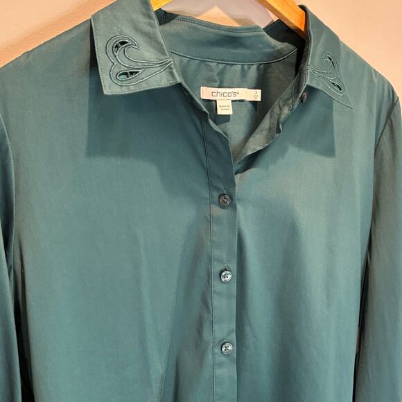 Chico's Blue Green Embroidered Button Down Shirt - size 2 (US 12) - Picture 2 of 6